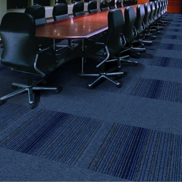 Blue striped nylon carpet tiles in a boardroom setting.