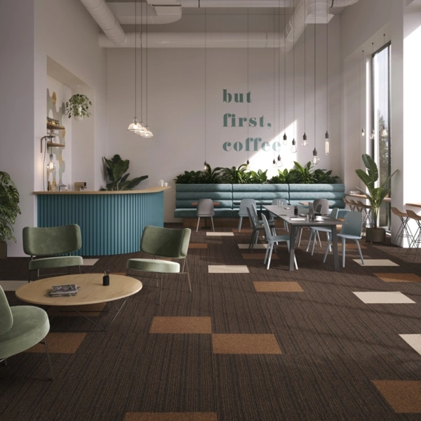 Modern abstract grey and charcoal carpet in a contemporary office.