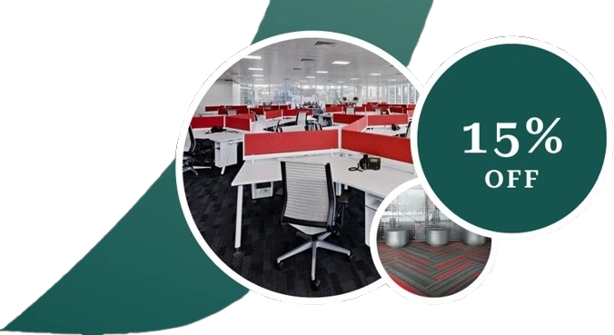 Modern office with dark patterned carpet and 15% off promotion.