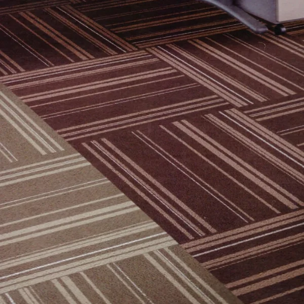 Striped carpet tiles in burgundy and beige tones