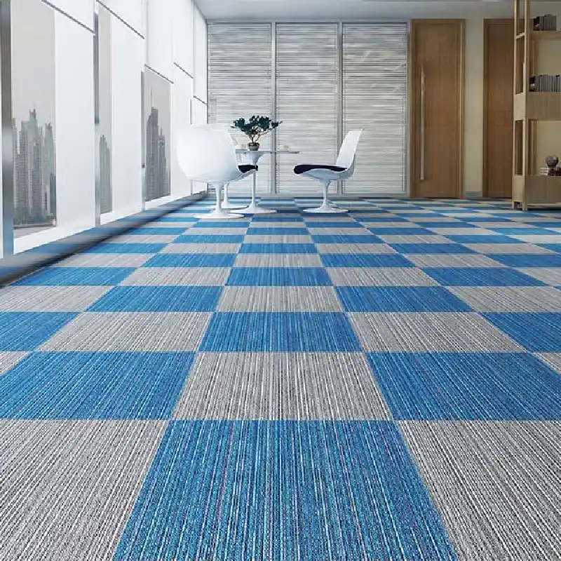 Grey and blue color carpet tile installed